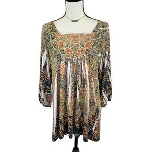 Unity World Wear Womens Gold Boho Print 3/4 Sleeve Square Neck Tunic Blouse 1X